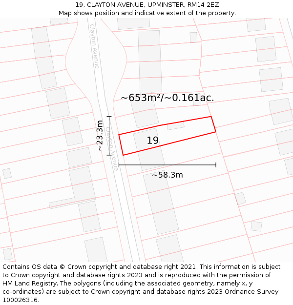 19, CLAYTON AVENUE, UPMINSTER, RM14 2EZ: Plot and title map