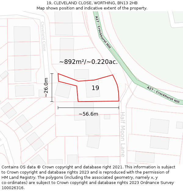 19, CLEVELAND CLOSE, WORTHING, BN13 2HB: Plot and title map