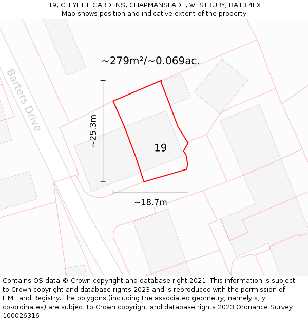 19, CLEYHILL GARDENS, CHAPMANSLADE, WESTBURY, BA13 4EX: Plot and title map