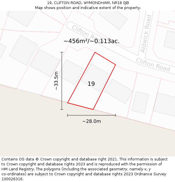 19, CLIFTON ROAD, WYMONDHAM, NR18 0JB: Plot and title map