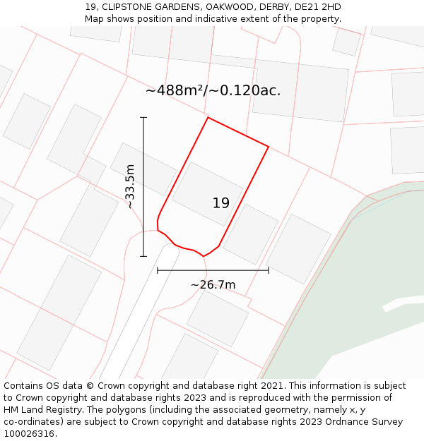 19, CLIPSTONE GARDENS, OAKWOOD, DERBY, DE21 2HD: Plot and title map