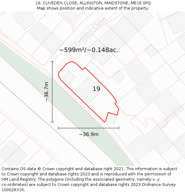 19, CLIVEDEN CLOSE, ALLINGTON, MAIDSTONE, ME16 0PQ: Plot and title map
