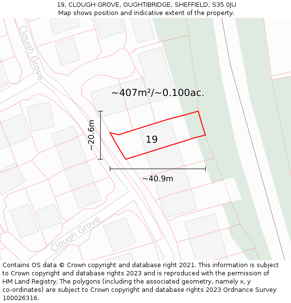 19, CLOUGH GROVE, OUGHTIBRIDGE, SHEFFIELD, S35 0JU: Plot and title map