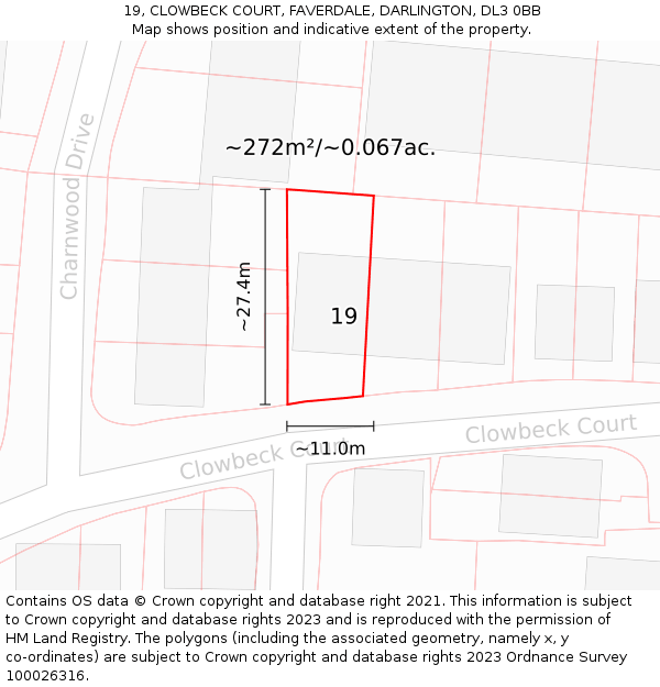 19, CLOWBECK COURT, FAVERDALE, DARLINGTON, DL3 0BB: Plot and title map