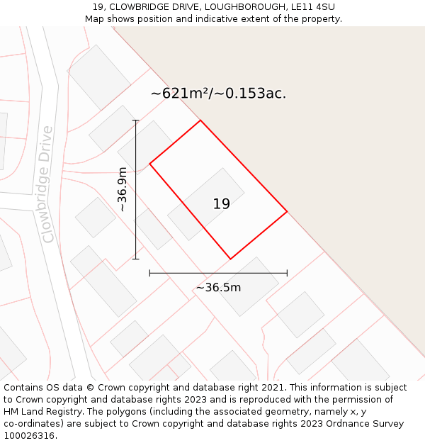 19, CLOWBRIDGE DRIVE, LOUGHBOROUGH, LE11 4SU: Plot and title map