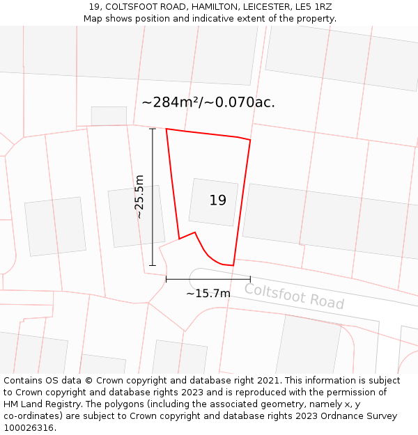 19, COLTSFOOT ROAD, HAMILTON, LEICESTER, LE5 1RZ: Plot and title map