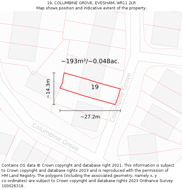 19, COLUMBINE GROVE, EVESHAM, WR11 2LR: Plot and title map