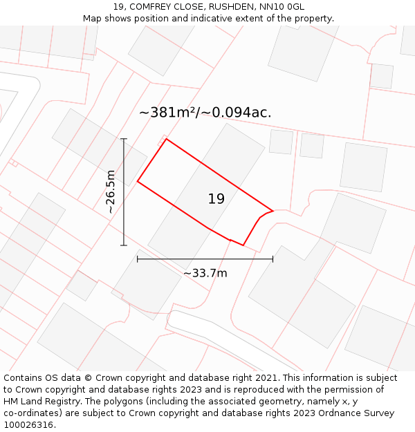19, COMFREY CLOSE, RUSHDEN, NN10 0GL: Plot and title map