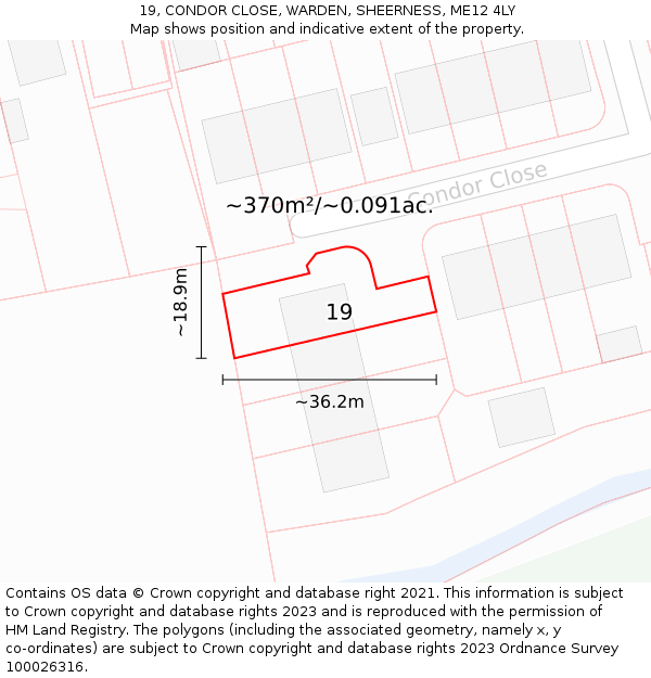 19, CONDOR CLOSE, WARDEN, SHEERNESS, ME12 4LY: Plot and title map