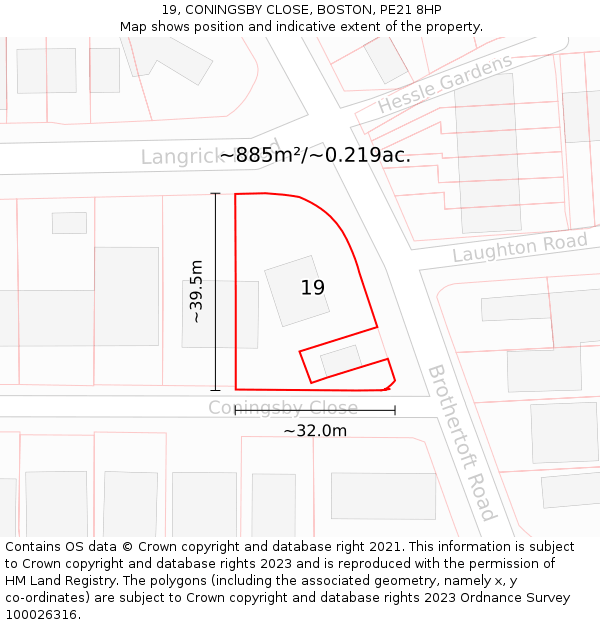 19, CONINGSBY CLOSE, BOSTON, PE21 8HP: Plot and title map