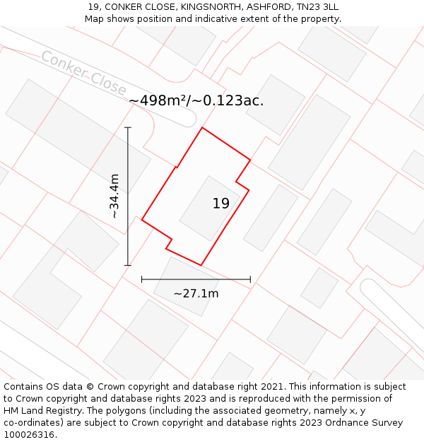 19, CONKER CLOSE, KINGSNORTH, ASHFORD, TN23 3LL: Plot and title map
