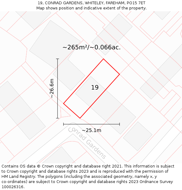 19, CONRAD GARDENS, WHITELEY, FAREHAM, PO15 7ET: Plot and title map