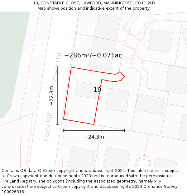 19, CONSTABLE CLOSE, LAWFORD, MANNINGTREE, CO11 2LD: Plot and title map