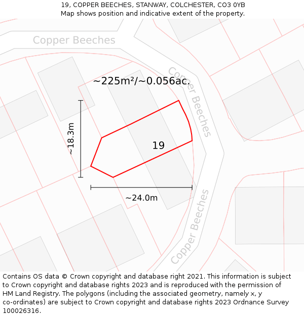 19, COPPER BEECHES, STANWAY, COLCHESTER, CO3 0YB: Plot and title map
