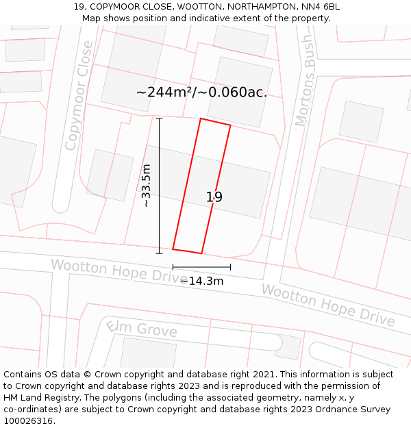19, COPYMOOR CLOSE, WOOTTON, NORTHAMPTON, NN4 6BL: Plot and title map