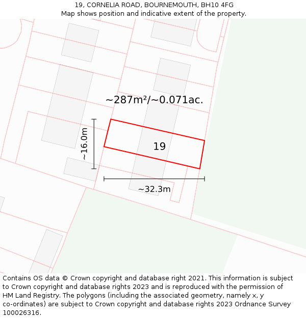 19, CORNELIA ROAD, BOURNEMOUTH, BH10 4FG: Plot and title map