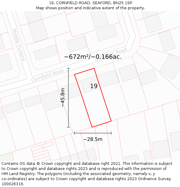 19, CORNFIELD ROAD, SEAFORD, BN25 1SP: Plot and title map