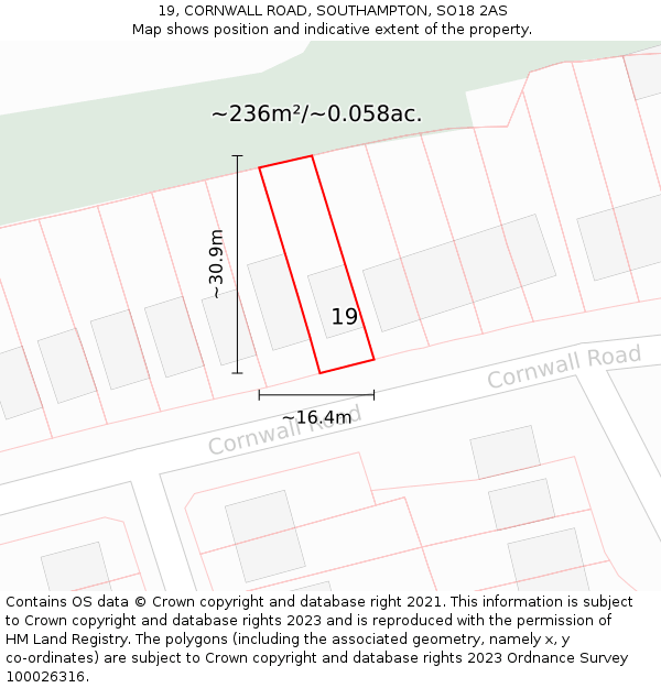 19, CORNWALL ROAD, SOUTHAMPTON, SO18 2AS: Plot and title map
