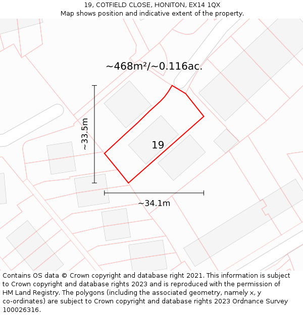 19, COTFIELD CLOSE, HONITON, EX14 1QX: Plot and title map