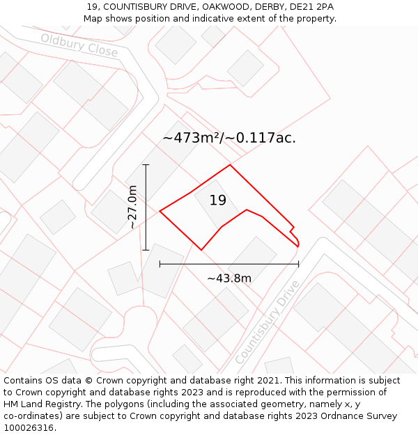 19, COUNTISBURY DRIVE, OAKWOOD, DERBY, DE21 2PA: Plot and title map