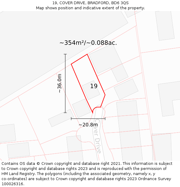 19, COVER DRIVE, BRADFORD, BD6 3QS: Plot and title map