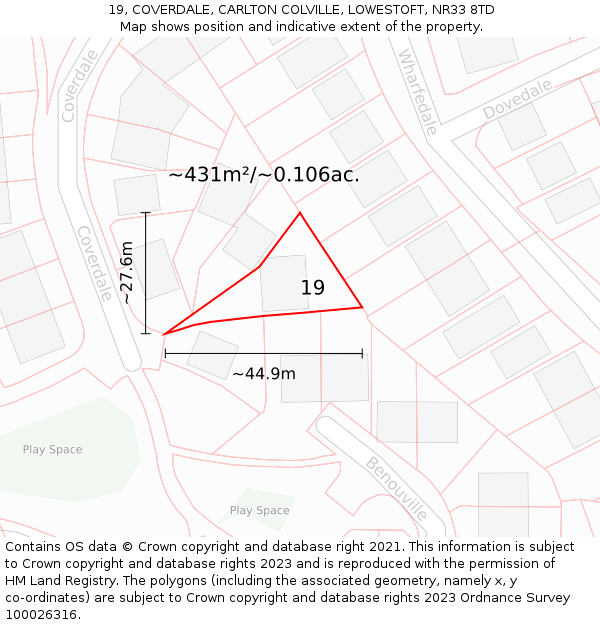 19, COVERDALE, CARLTON COLVILLE, LOWESTOFT, NR33 8TD: Plot and title map
