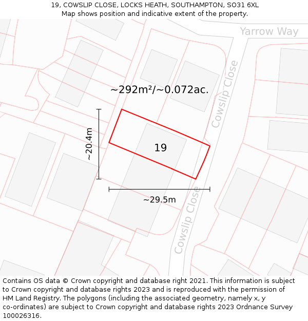 19, COWSLIP CLOSE, LOCKS HEATH, SOUTHAMPTON, SO31 6XL: Plot and title map