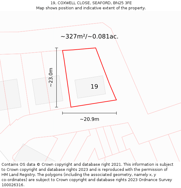 19, COXWELL CLOSE, SEAFORD, BN25 3FE: Plot and title map