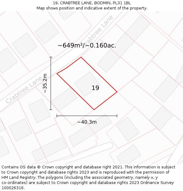 19, CRABTREE LANE, BODMIN, PL31 1BL: Plot and title map