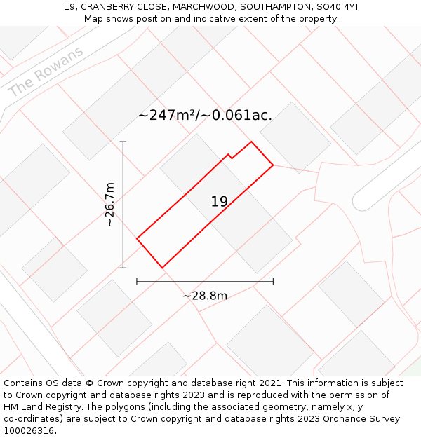 19, CRANBERRY CLOSE, MARCHWOOD, SOUTHAMPTON, SO40 4YT: Plot and title map