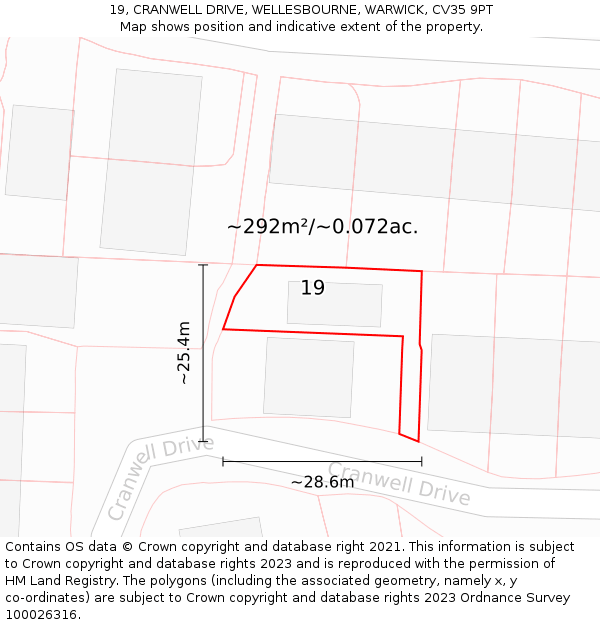 19, CRANWELL DRIVE, WELLESBOURNE, WARWICK, CV35 9PT: Plot and title map