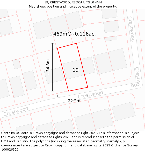 19, CRESTWOOD, REDCAR, TS10 4NN: Plot and title map
