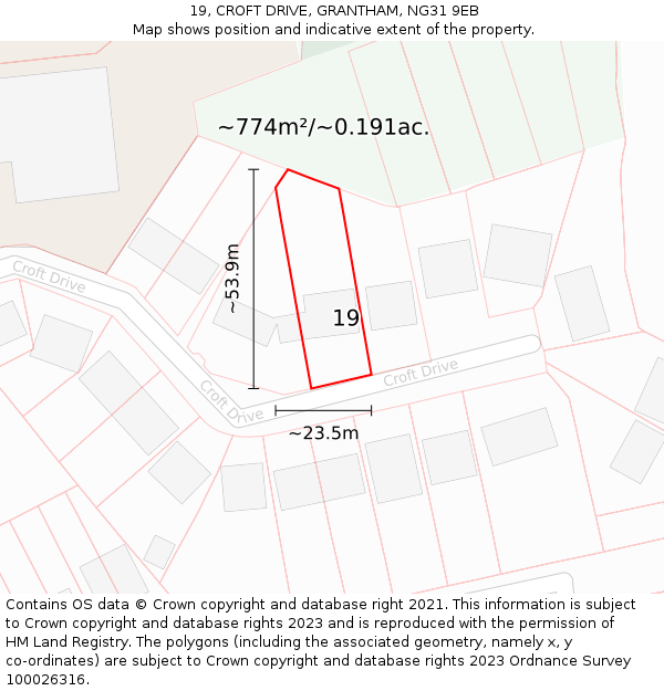 19, CROFT DRIVE, GRANTHAM, NG31 9EB: Plot and title map