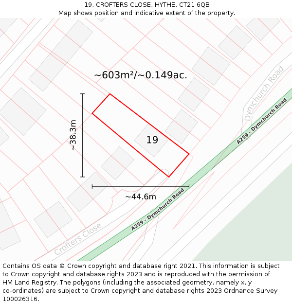 19, CROFTERS CLOSE, HYTHE, CT21 6QB: Plot and title map