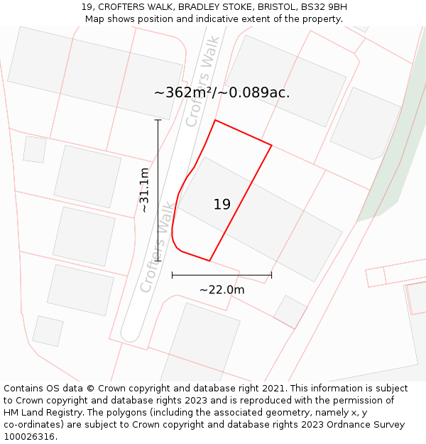 19, CROFTERS WALK, BRADLEY STOKE, BRISTOL, BS32 9BH: Plot and title map