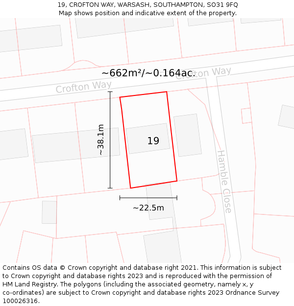 19, CROFTON WAY, WARSASH, SOUTHAMPTON, SO31 9FQ: Plot and title map