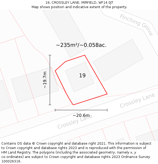 19, CROSSLEY LANE, MIRFIELD, WF14 0JT: Plot and title map