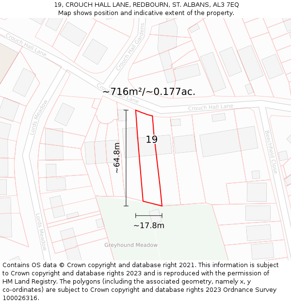 19, CROUCH HALL LANE, REDBOURN, ST. ALBANS, AL3 7EQ: Plot and title map