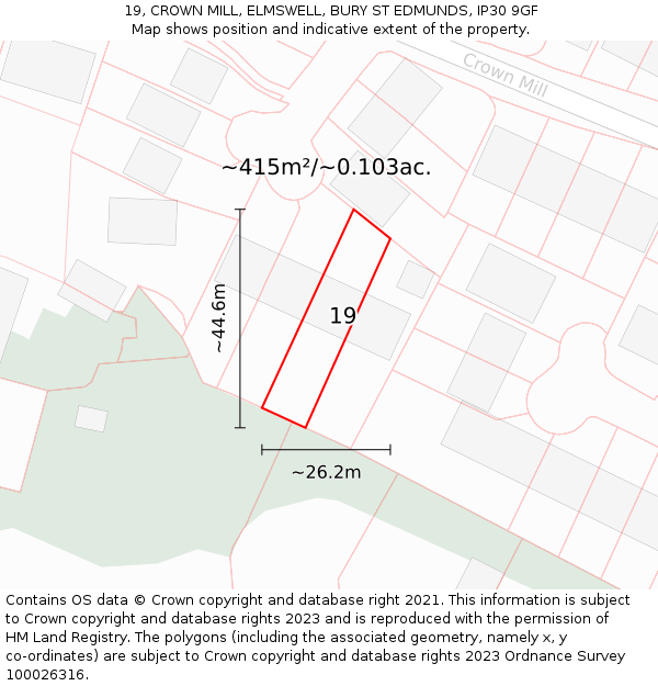 19, CROWN MILL, ELMSWELL, BURY ST EDMUNDS, IP30 9GF: Plot and title map