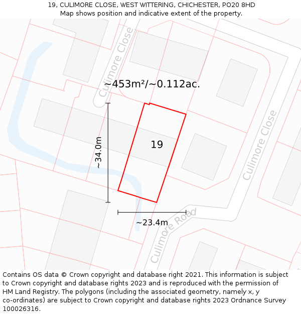19, CULIMORE CLOSE, WEST WITTERING, CHICHESTER, PO20 8HD: Plot and title map