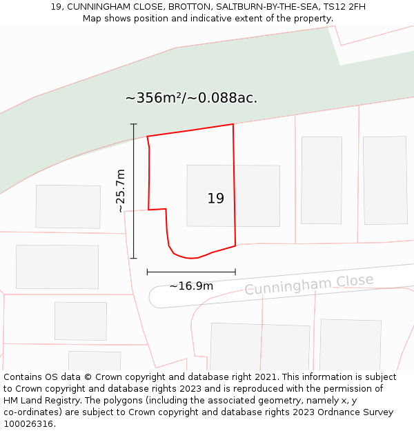 19, CUNNINGHAM CLOSE, BROTTON, SALTBURN-BY-THE-SEA, TS12 2FH: Plot and title map