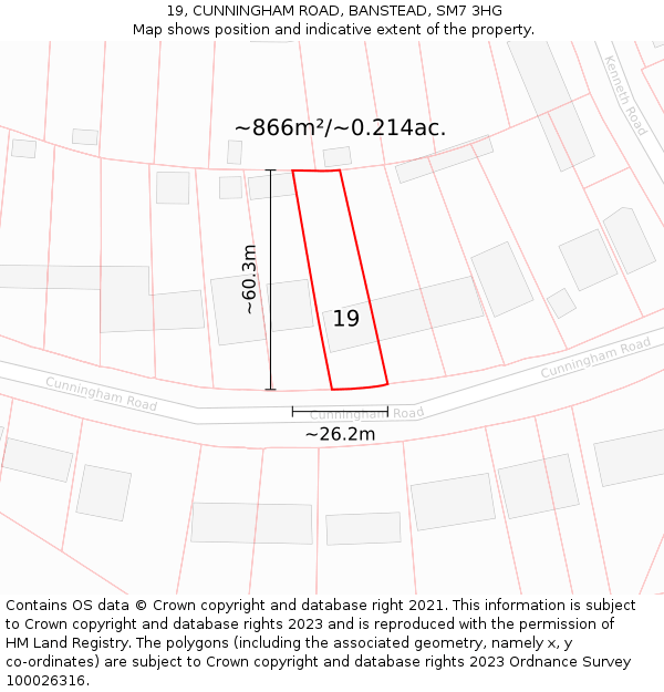 19, CUNNINGHAM ROAD, BANSTEAD, SM7 3HG: Plot and title map