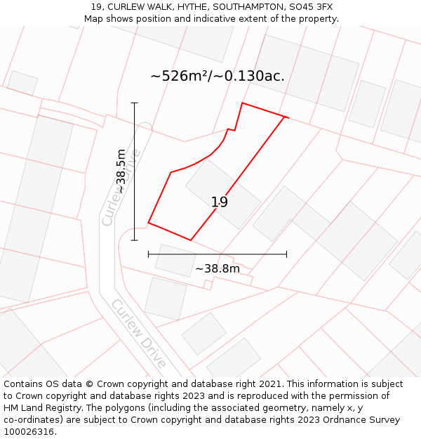 19, CURLEW WALK, HYTHE, SOUTHAMPTON, SO45 3FX: Plot and title map