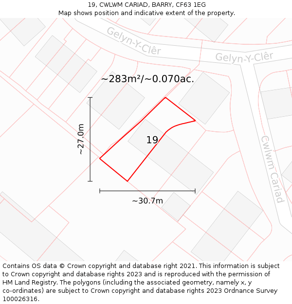 19, CWLWM CARIAD, BARRY, CF63 1EG: Plot and title map
