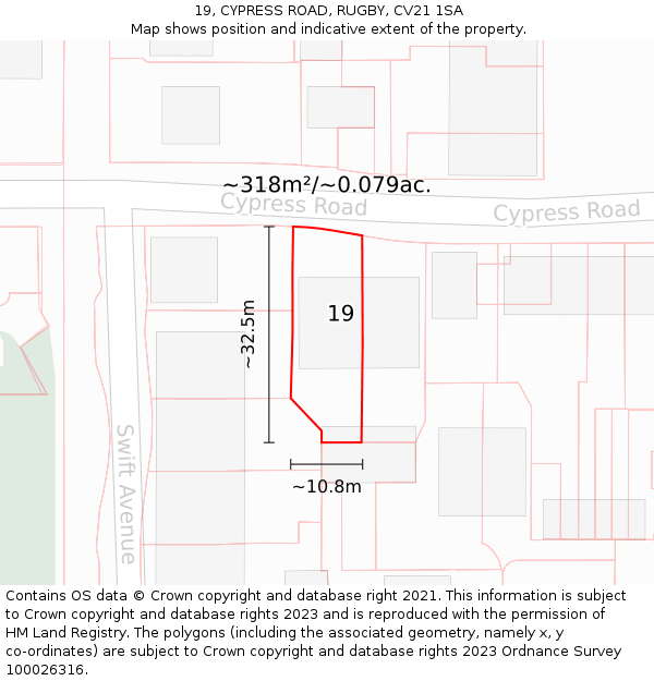 19, CYPRESS ROAD, RUGBY, CV21 1SA: Plot and title map