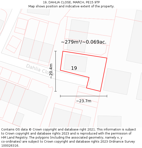 19, DAHLIA CLOSE, MARCH, PE15 9TP: Plot and title map