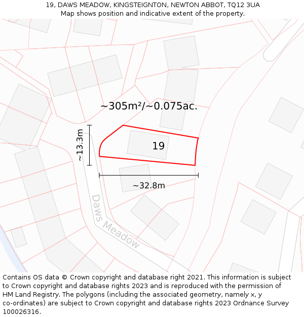 19, DAWS MEADOW, KINGSTEIGNTON, NEWTON ABBOT, TQ12 3UA: Plot and title map