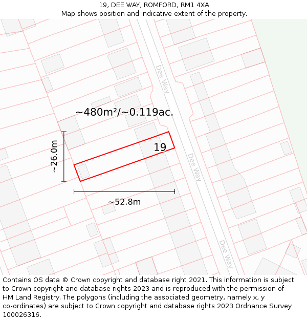 19, DEE WAY, ROMFORD, RM1 4XA: Plot and title map