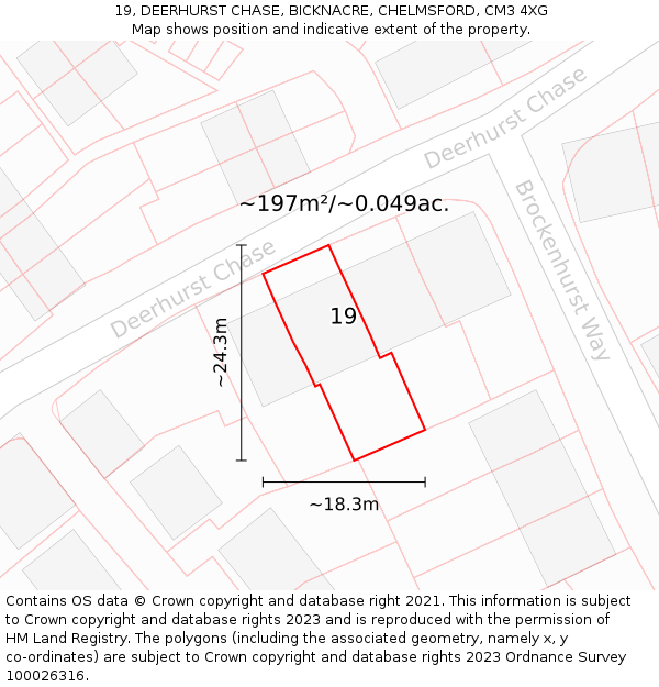 19, DEERHURST CHASE, BICKNACRE, CHELMSFORD, CM3 4XG: Plot and title map