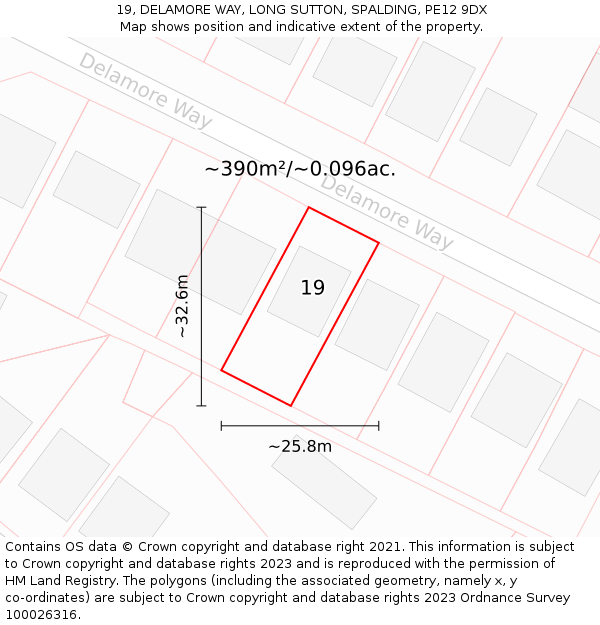 19, DELAMORE WAY, LONG SUTTON, SPALDING, PE12 9DX: Plot and title map